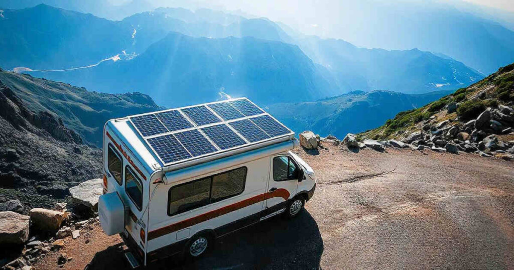 un camping car qui recharge sa batterie auxiliaire avec des panneaux solaire
