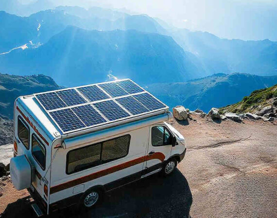 un camping car qui recharge sa batterie auxiliaire avec des panneaux solaire